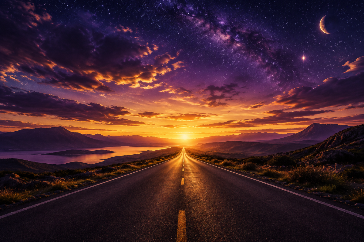 A twilight road stretching toward a star filled purple and gold  sky,symbolizing a journey forward