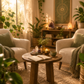 Serene mentorship space with two chairs, candle, crystals and journal